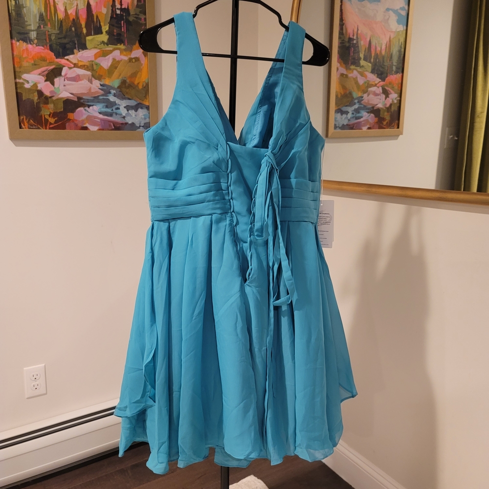 NWT MU XIANG CHEN Teal Chiffon Corseted Fit and Flare Short Dress Size 18 - Picture 6 of 16